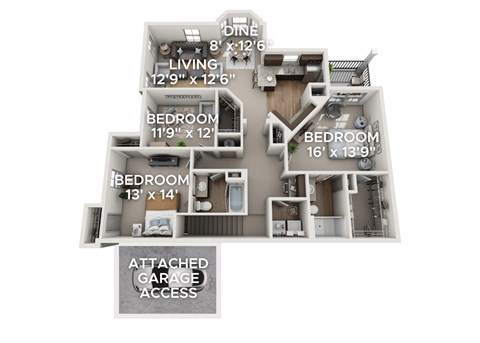 A floor plan of a two-bedroom apartment with an attached garage.